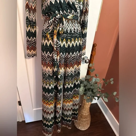 Kathi Rich Emerald zig zag pattern collar S faux wrap belt long sleeve jumpsuit - Picture 3 of 15